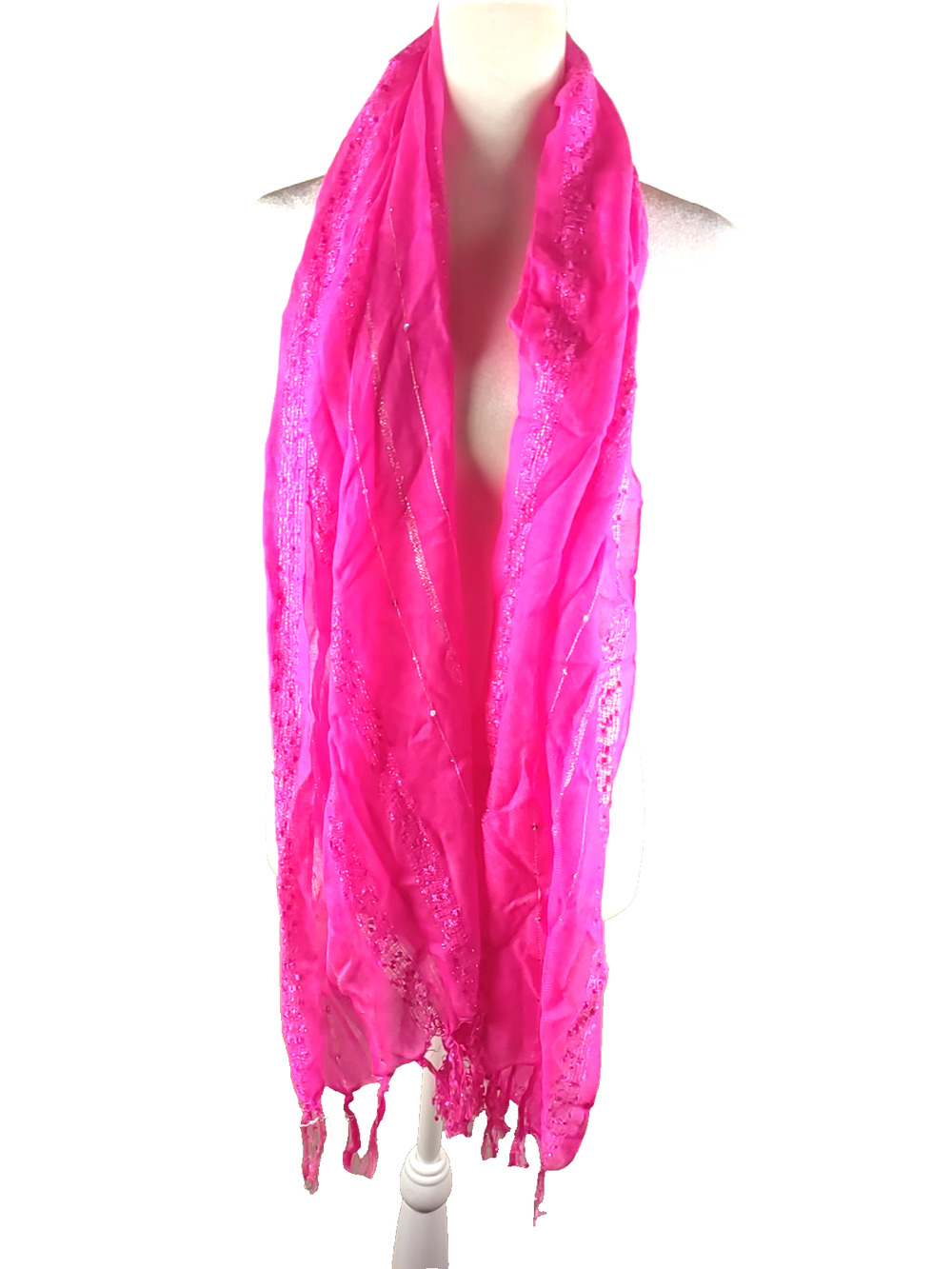 Hot Pink Silver Metal Thread Rectangle Scarf. 34 X 16 Fringe Boho Hippy Vibrant